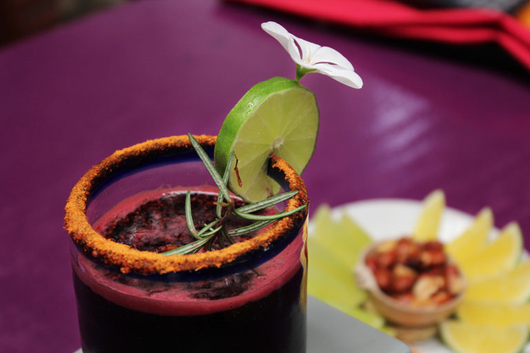 Mezcalín de jamaica con chapulines en Casa Coyotepec
